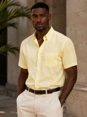 Club Room Pale Yellow Stretch Shirt Men's Large Short Sleeve Button Down